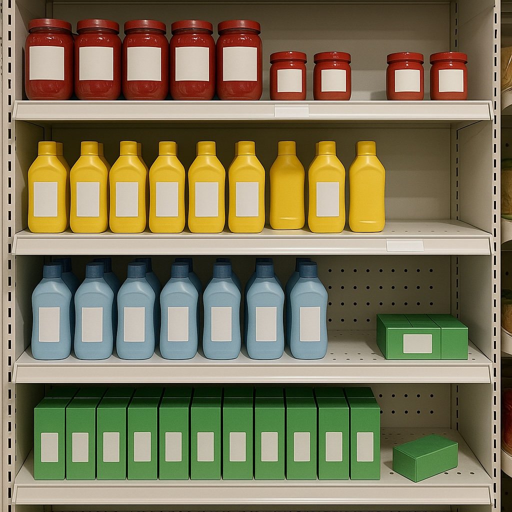 Product shelf with items arranged in rows