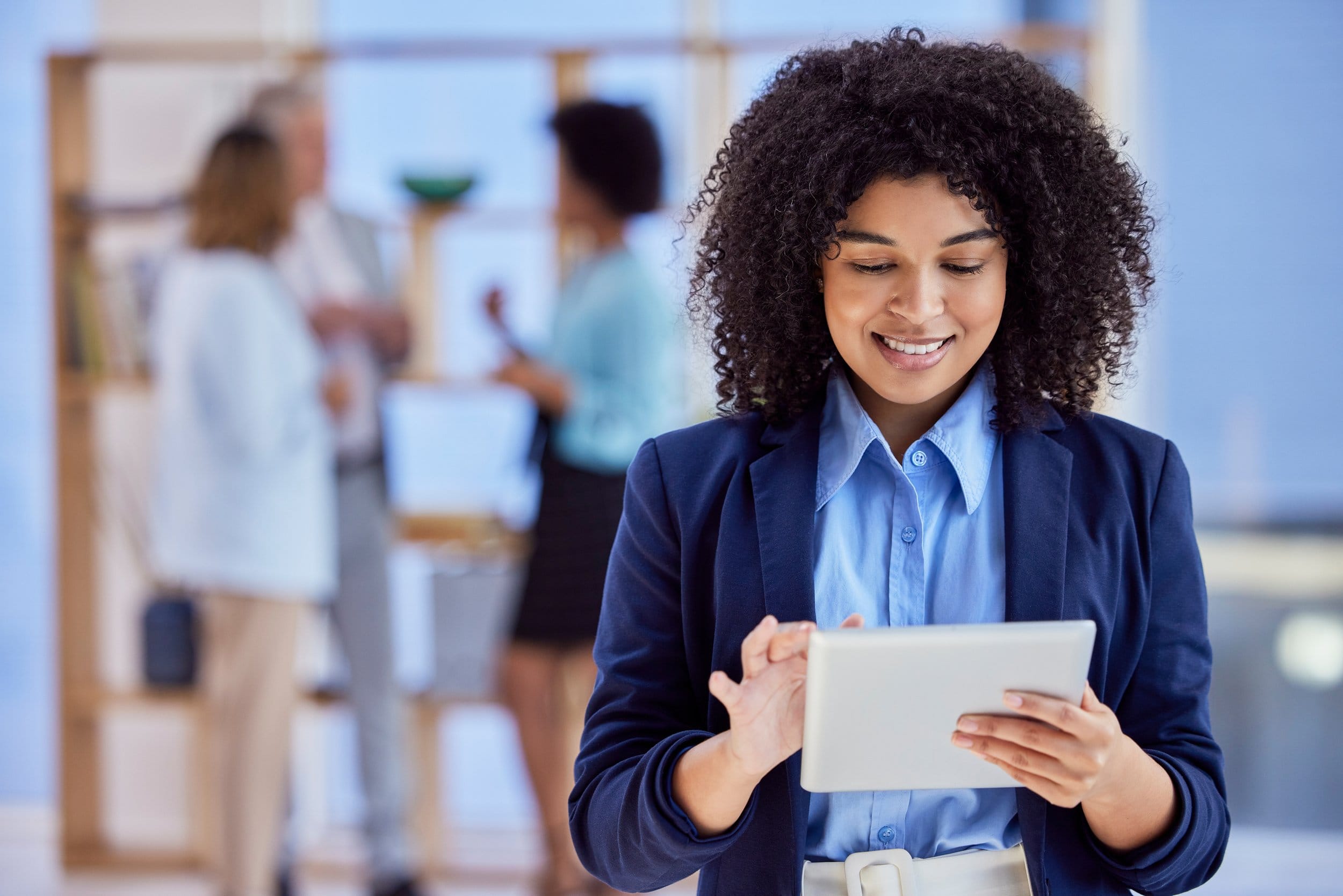 Lady with ipad asking employee engagement questions