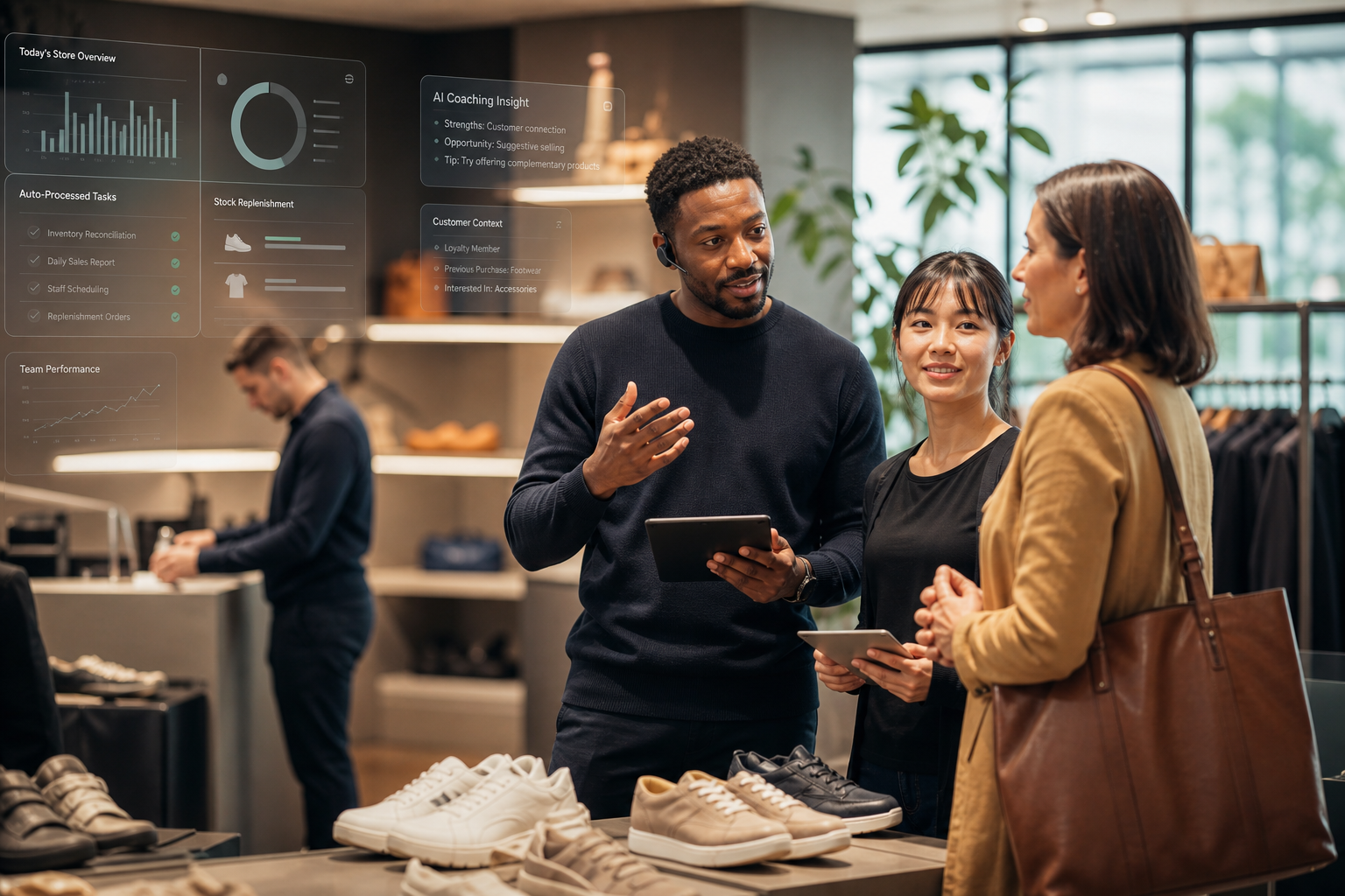 Retail assistant showing customers product recommendations on a tablet in a shoe shop