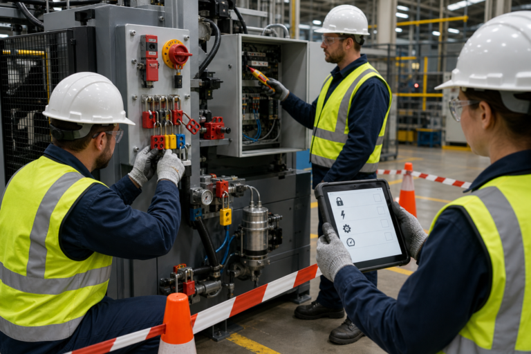 Three workers in safety gear perform lockout-tagout maintenance on industrial machinery while another records checks on a tablet