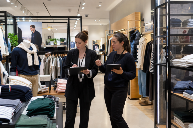 Two shop assistants in a clothing store checking stock on clipboards
